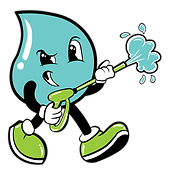 Cartoon water droplet mascot spraying water from a hose, smiling and wearing green shoes.