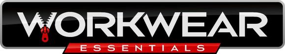 Logo for Workwear Essentials: white text on a black background with a red zipper on the 