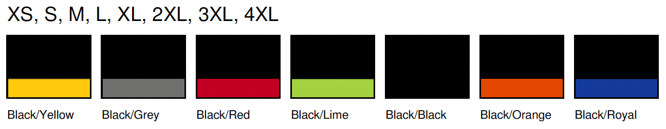 Sizes XS to 4XL with corresponding black blocks and colored bottoms: yellow, gray, red, green, black, orange, and blue.