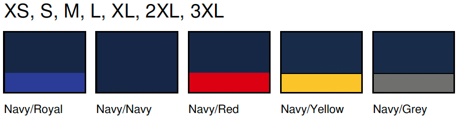 Color swatches: XS-3XL in navy with bottom color options: royal, navy, red, yellow, or gray.