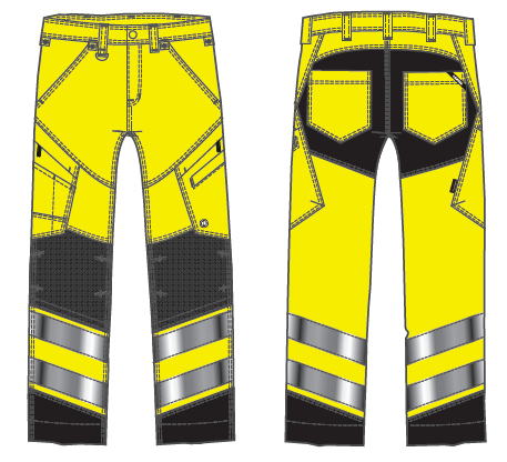 Yellow and black work pants with reflective stripes.