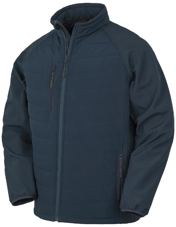 Navy blue softshell jacket with zipper closure and side pockets.