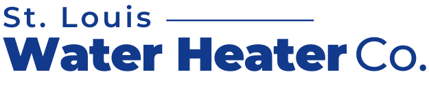 Logo for St. Louis Water Heater Company Text is blue and white, with a gray line separating "St. Louis" and the company name.