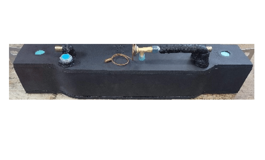 Black rectangular device with blue buttons, a key ring, and a cord on top