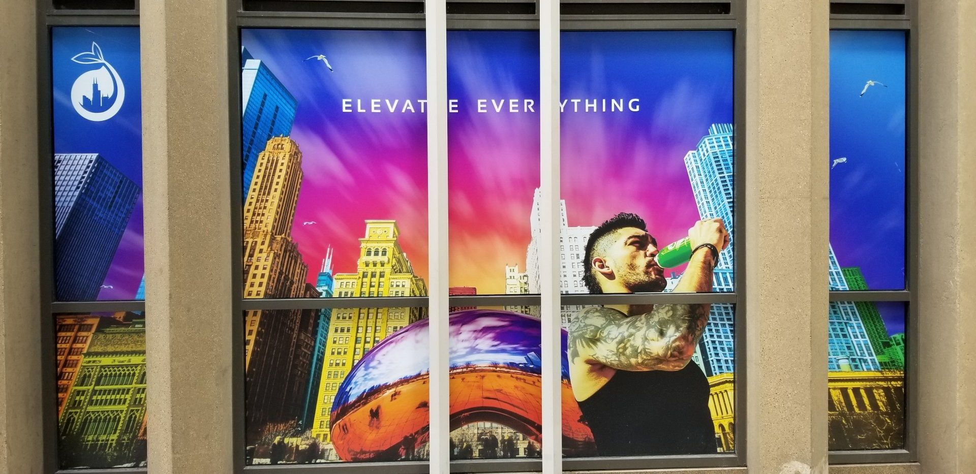 window graphics of millenium park and chicago skyline