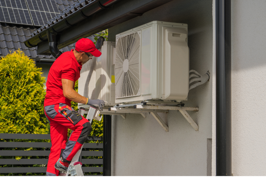 A man is installing an air conditioner on the side of a house.