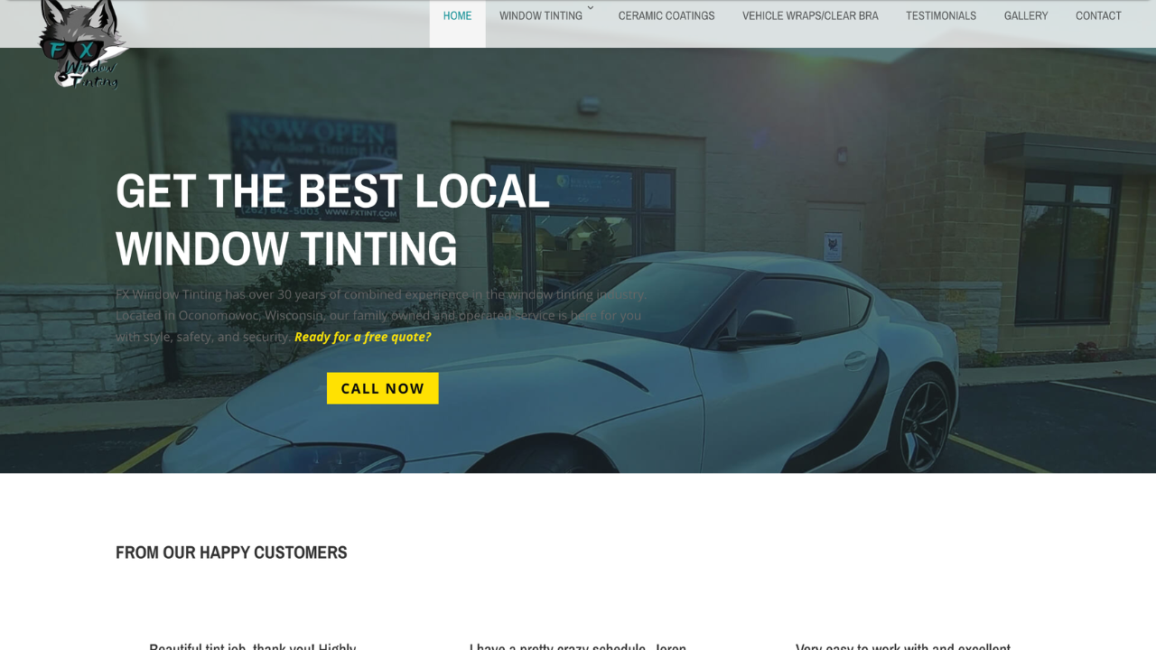 A screenshot of a website for a window tinting company.