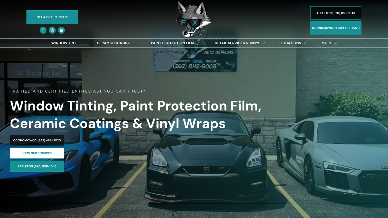 A website for a company that does window tinting , paint protection film , ceramic coatings and vinyl wraps.