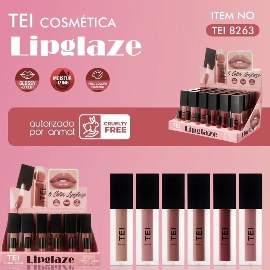 Expositor de pintalabios. Envase rosa y negro, varios tonos. Ilustración de labios en la parte superior.