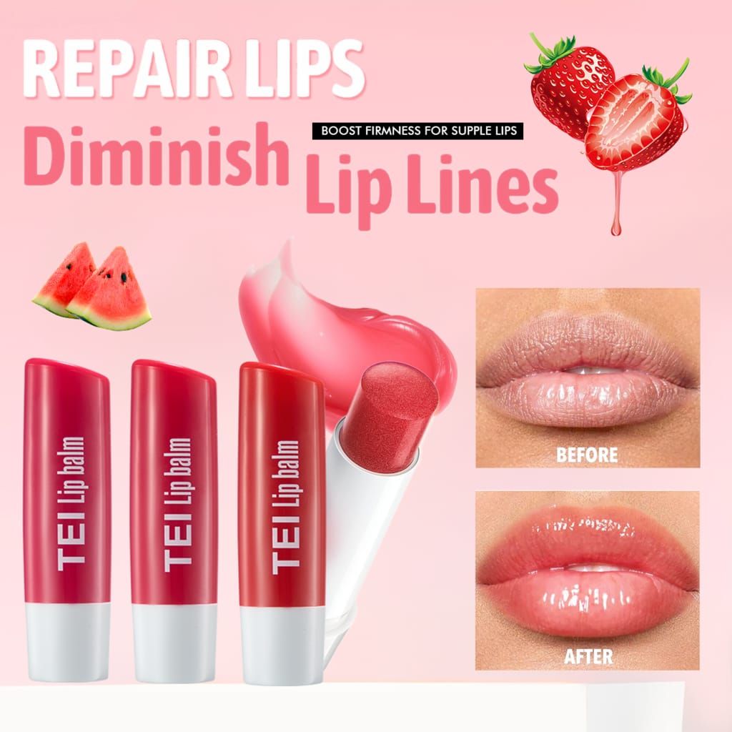Anuncio de bálsamo labial: tubos rojos, labios antes/después, fresas, sandía y líneas de labios.