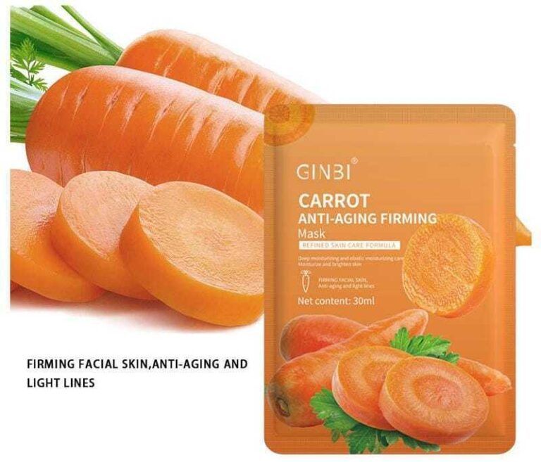 Empaque de mascarilla facial antienvejecimiento de zanahoria con zanahorias en rodajas, colores naranja y verde y texto.
