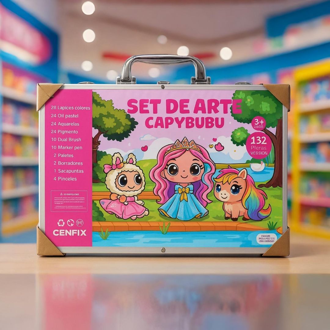 Set de arte de color rosa en un estuche con personajes de dibujos animados y asa, dentro de una juguetería.