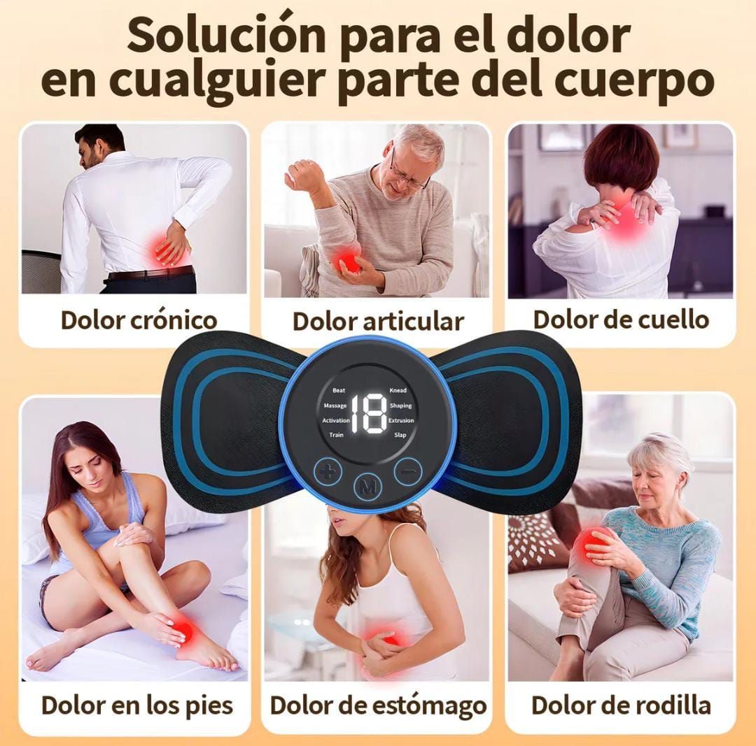 Almohadillas y controlador de masajeador EMS; mujer usando almohadilla para la espalda; azul y negro.
