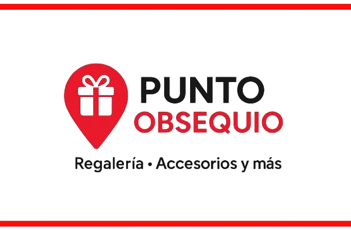 Logotipo de Punto Obsequio, tienda de regalos y accesorios. Pin rojo con icono de regalo. Texto negro sobre fondo blanco.
