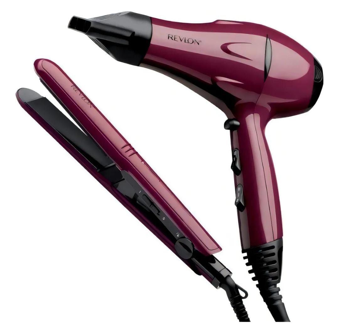 Set de secador y plancha de pelo Revlon color morado.