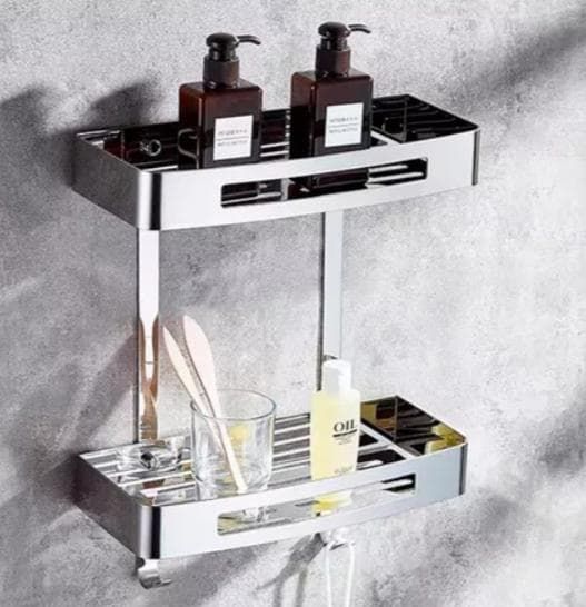 Estante de ducha de acero inoxidable de dos niveles con ganchos.