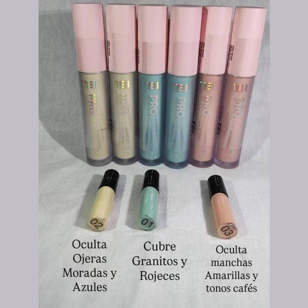 Exhibición de correctores de color TEI Pro Correcting en una tienda, con tubos de color rosa y azul, y dos modelos.
