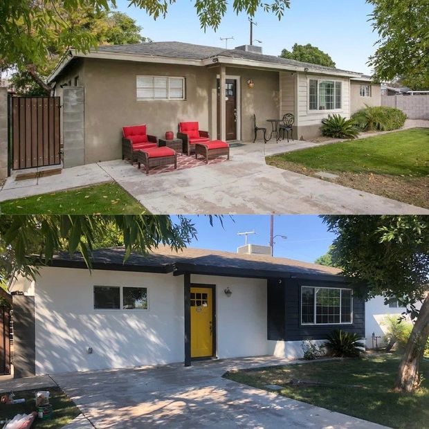 A before and after photo of a house with a yellow door