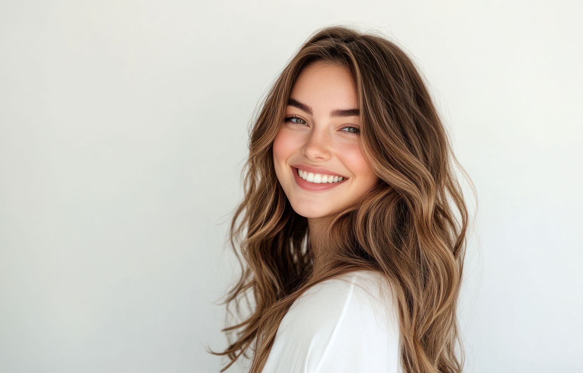 A woman with long brown hair is smiling for the camera.