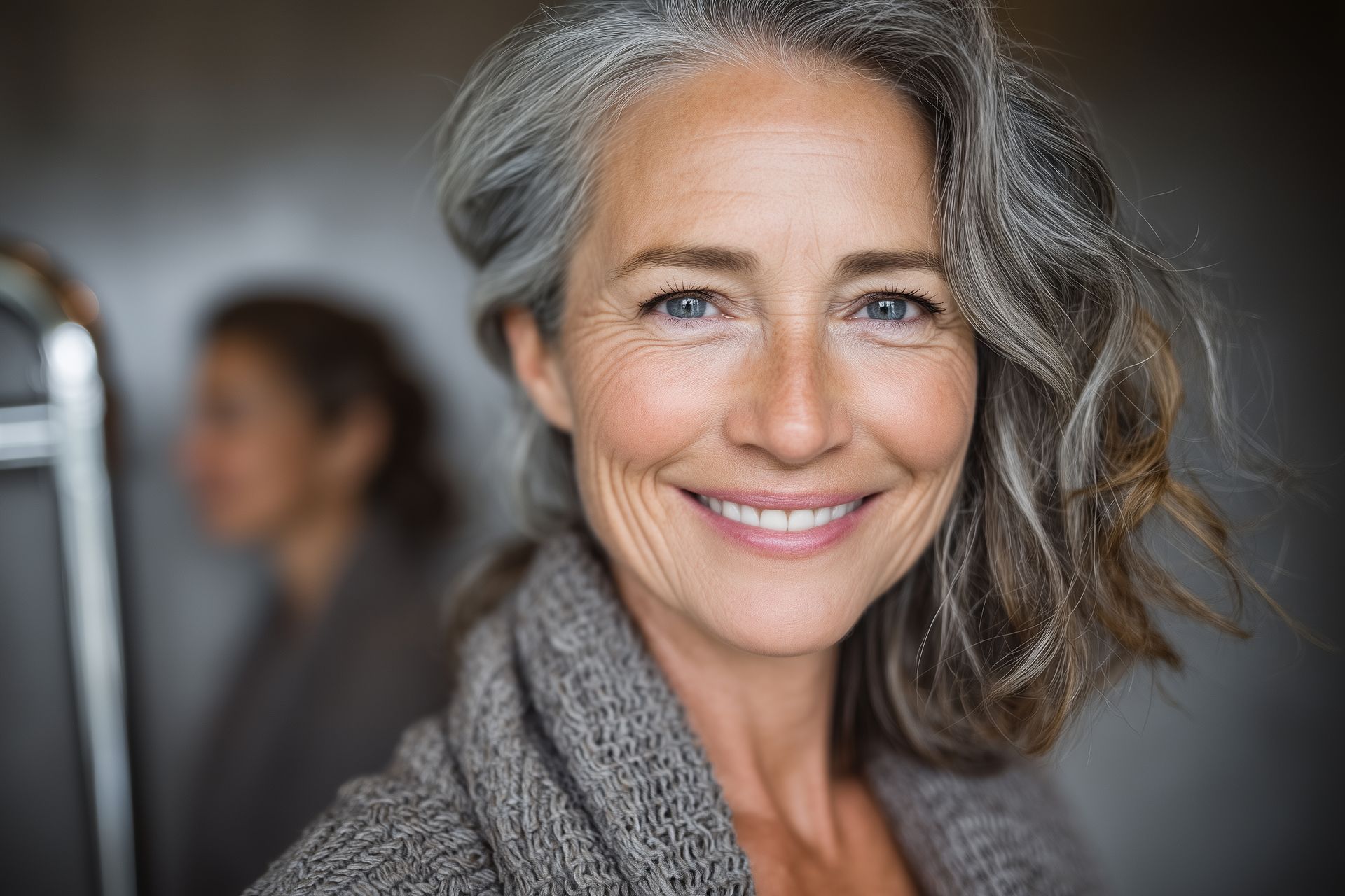 A woman is smiling while sitting in a dental chair.