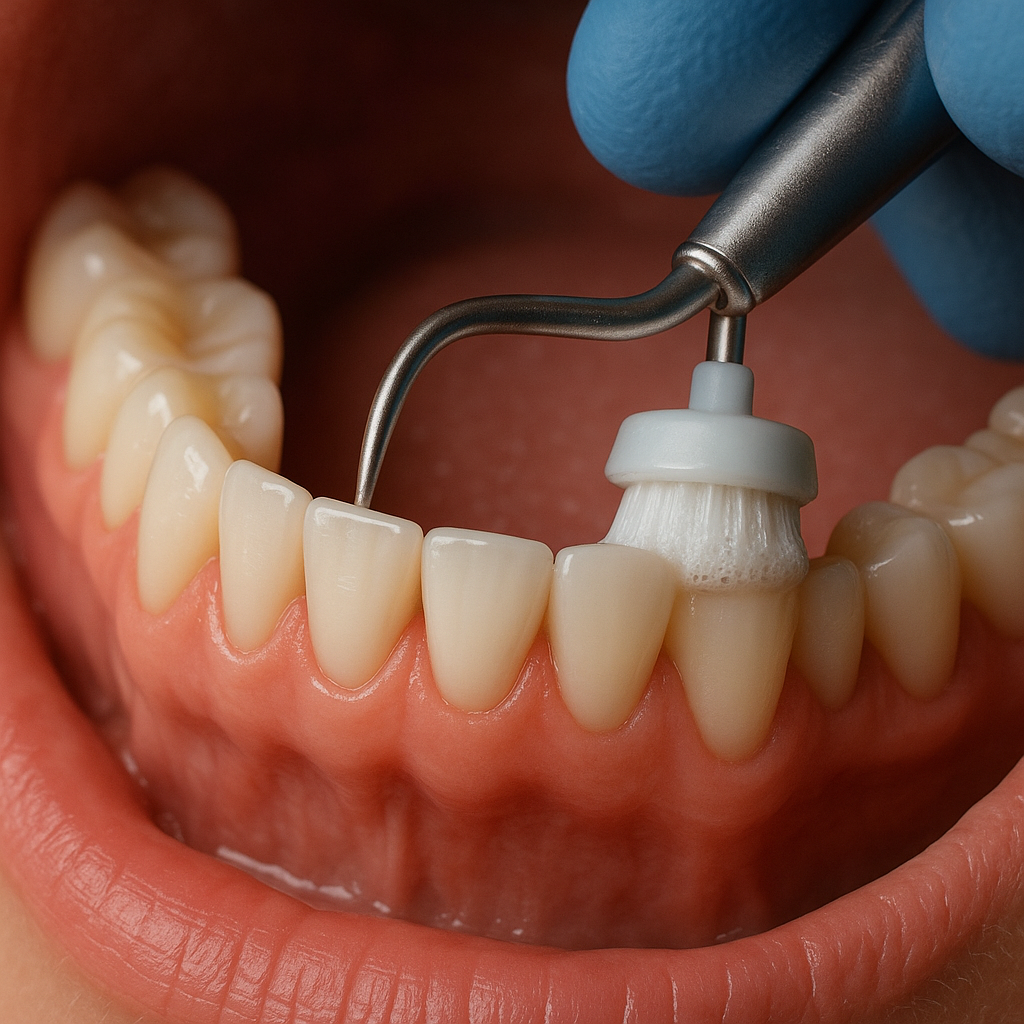 A person is getting their teeth cleaned with a brush.