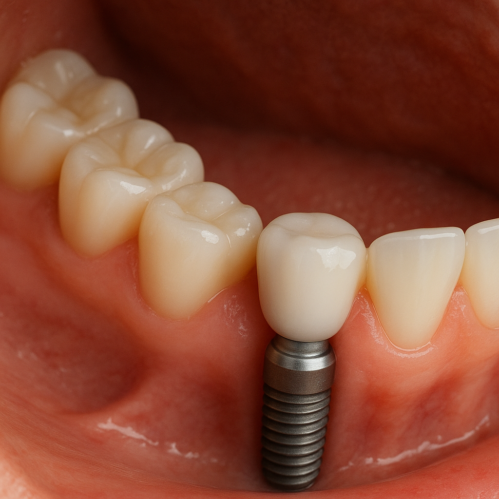 A close up of a person 's teeth with a dental implant in the middle.