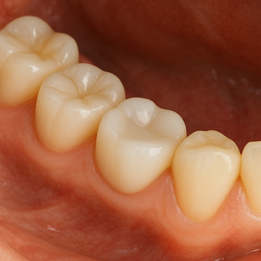 A close up of a person 's Porcelain Inlays Onlays teeth in their mouth
