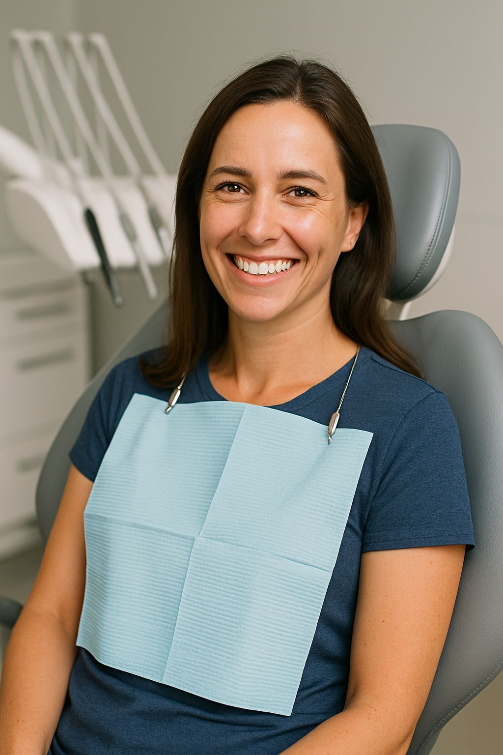 A woman is smiling while sitting in a dental chair.