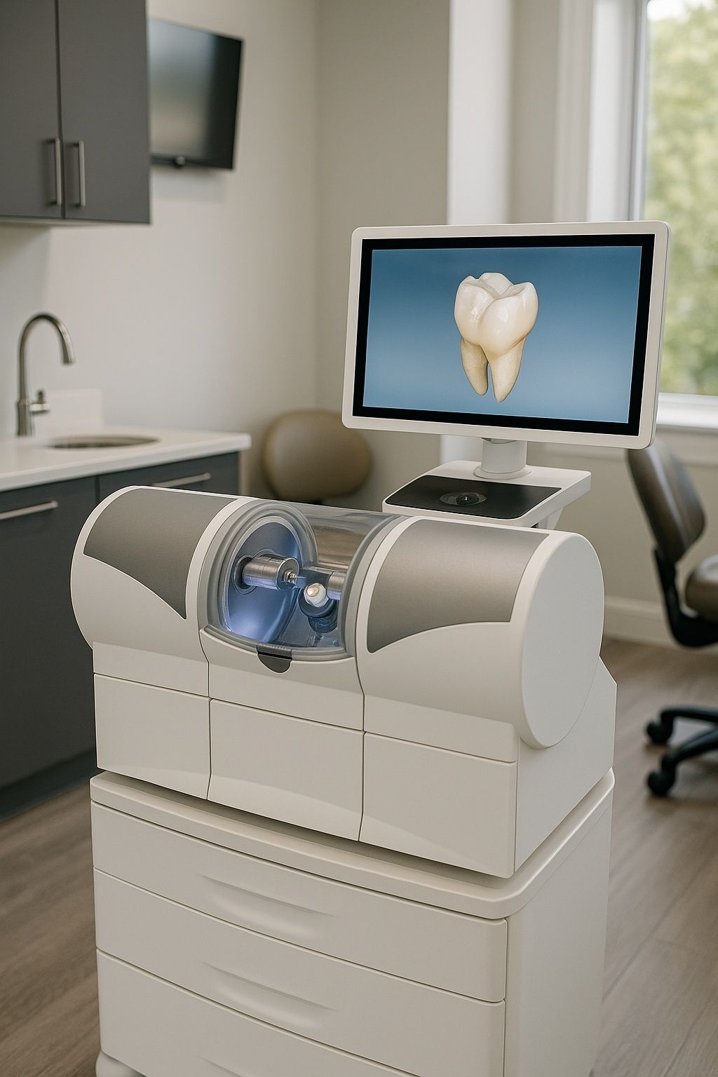 A computer with a picture of a tooth on the screen is in a dental office. cerec primemill