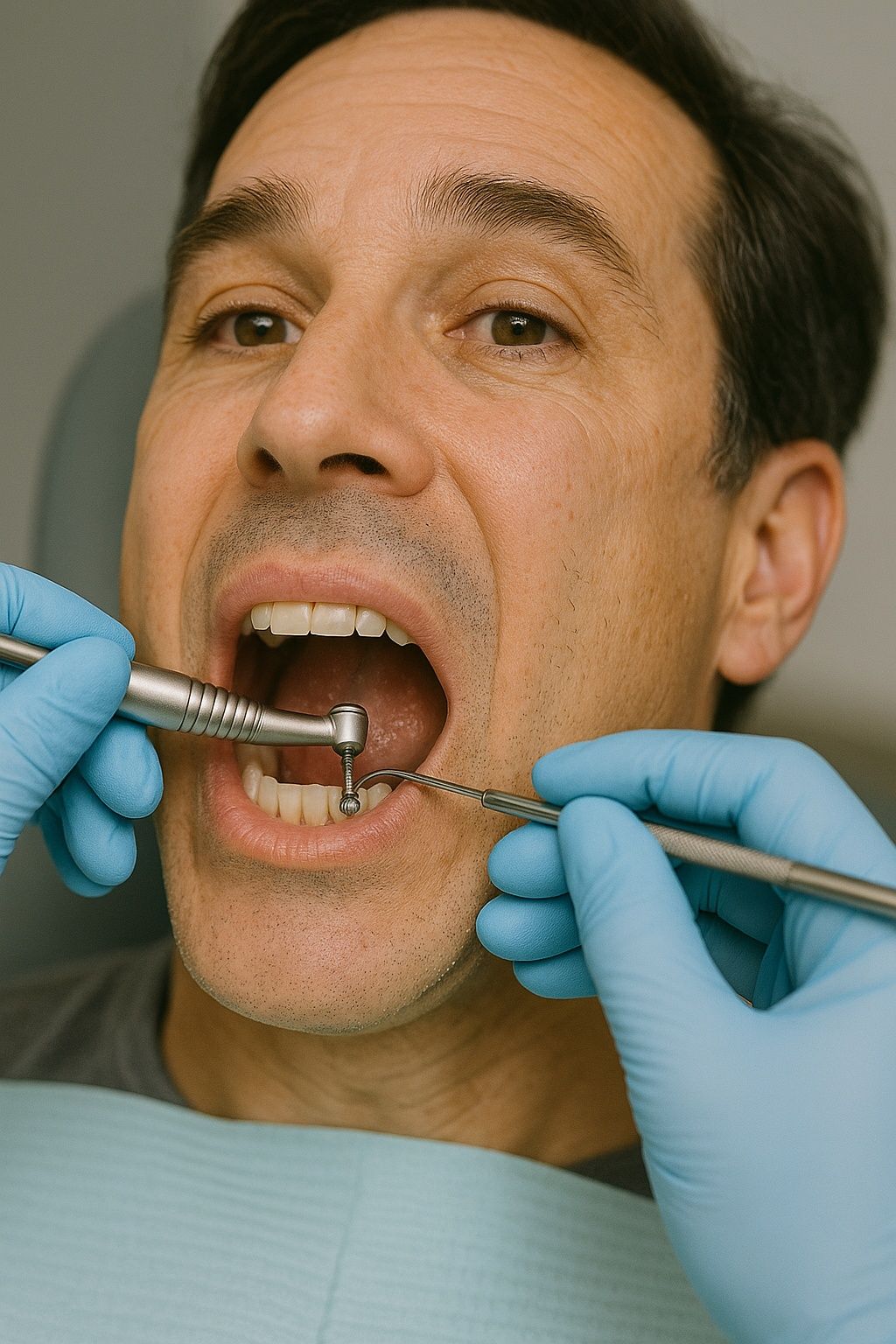 A man is getting his teeth examined by a dentist.