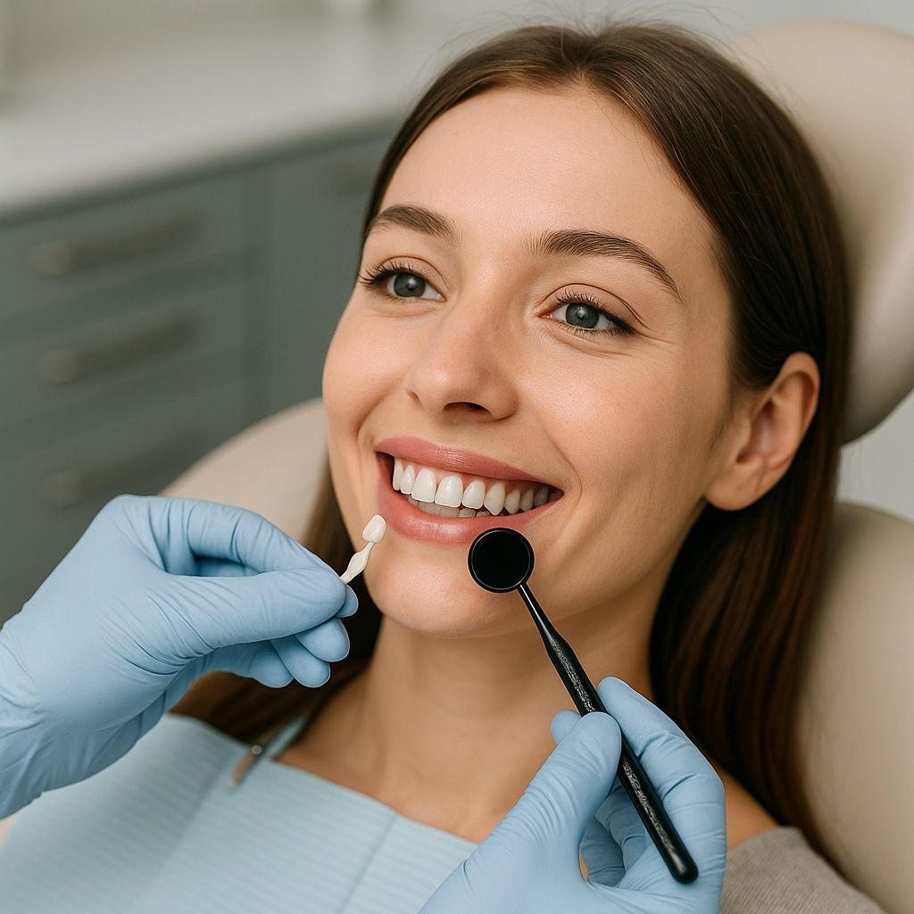 A woman is sitting in a dental chair getting her teeth examined by a dentist.