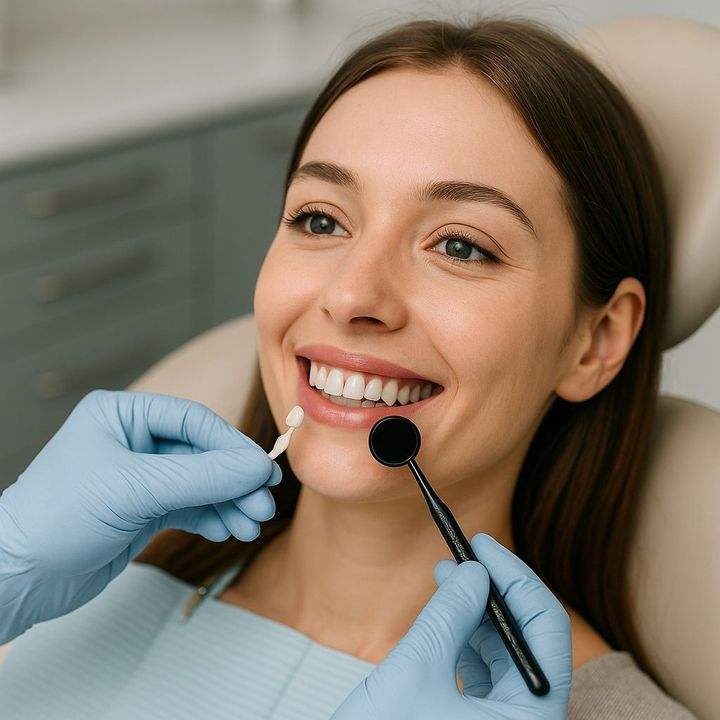 A woman is sitting in a dental chair getting her teeth examined by a dentist.
