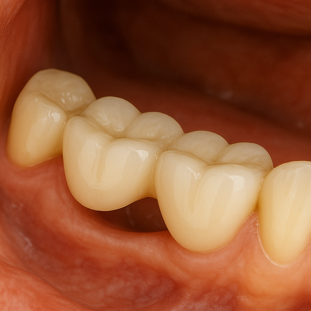 A close up of a person 's teeth with a bridge