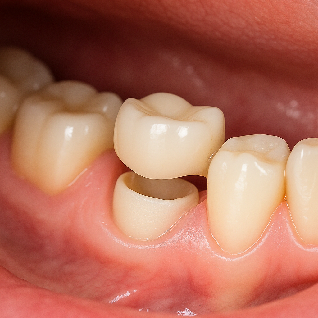A close up of a person 's teeth with a crown on one of them.