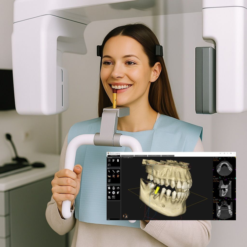 A woman is smiling while getting an image of her teeth. The computer view is also inset.