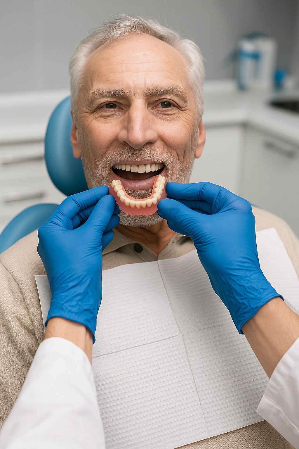 An elderly man is sitting in a dental chair while a dentist examines his teeth.