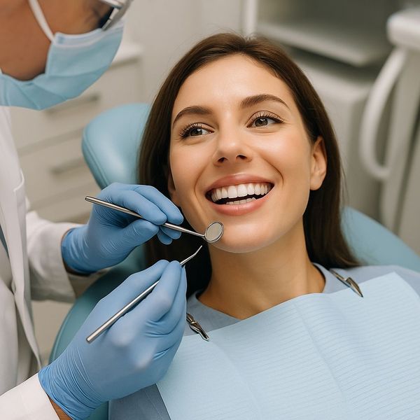 A woman is smiling while having her teeth examined by a dentist.