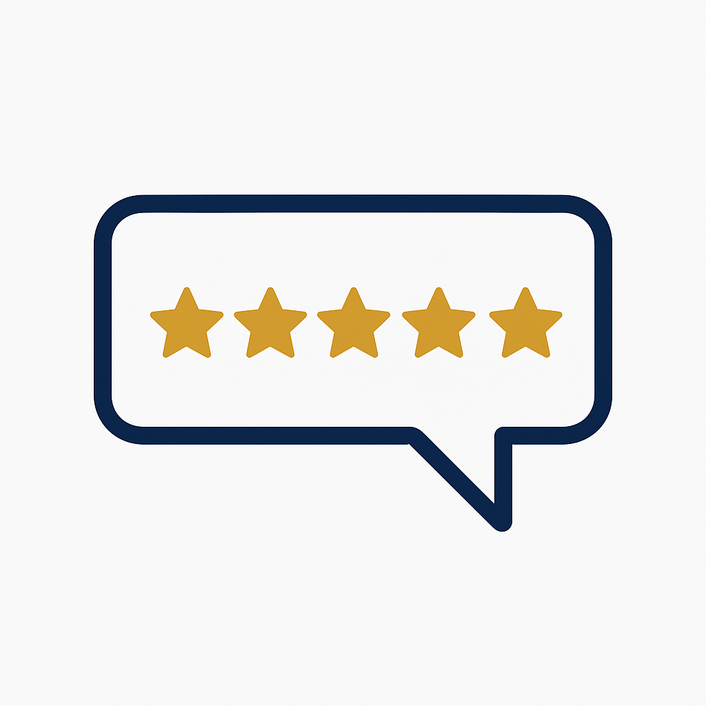 A speech bubble with five stars inside of it.