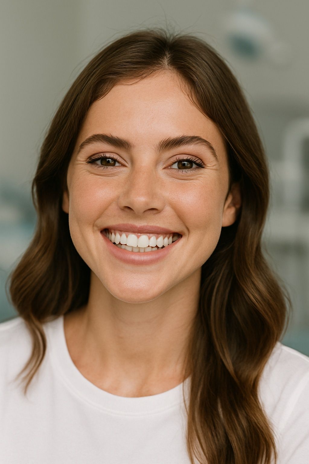A woman with long brown hair is smiling for the camera.