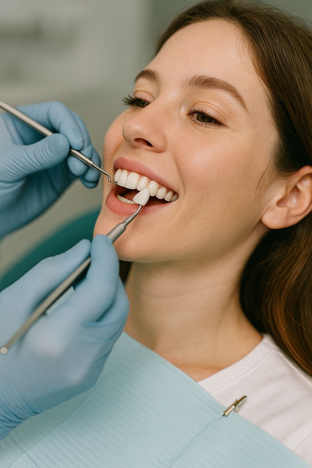 A woman is getting her teeth examined by a dentist.