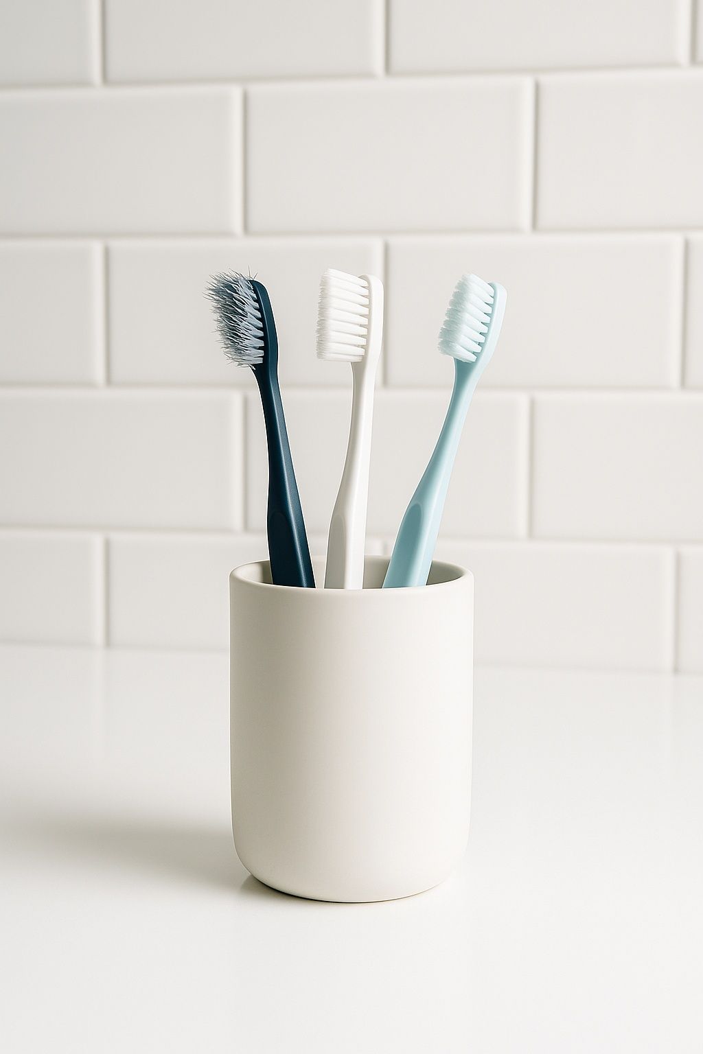 Three toothbrushes are sitting in a white cup on a bathroom counter.