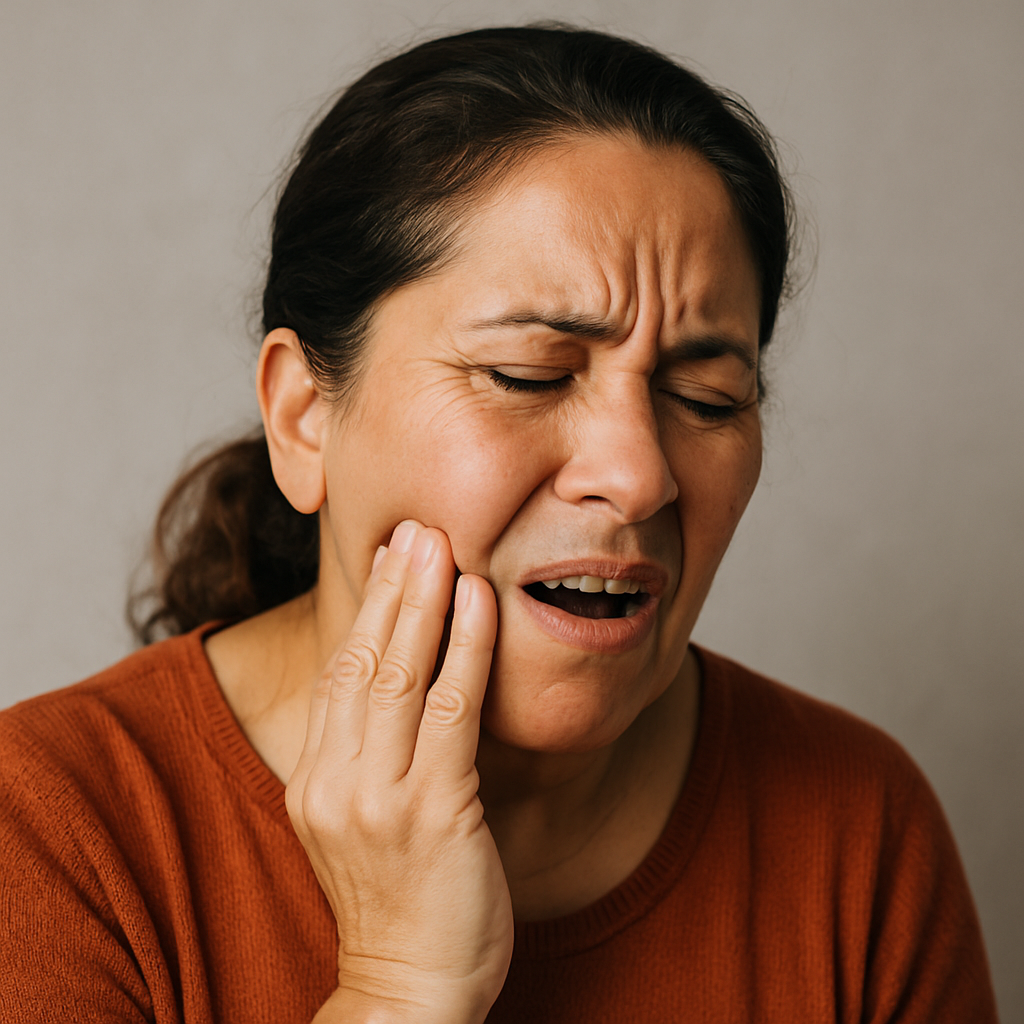 A woman is holding her hand to her face because she has a toothache.