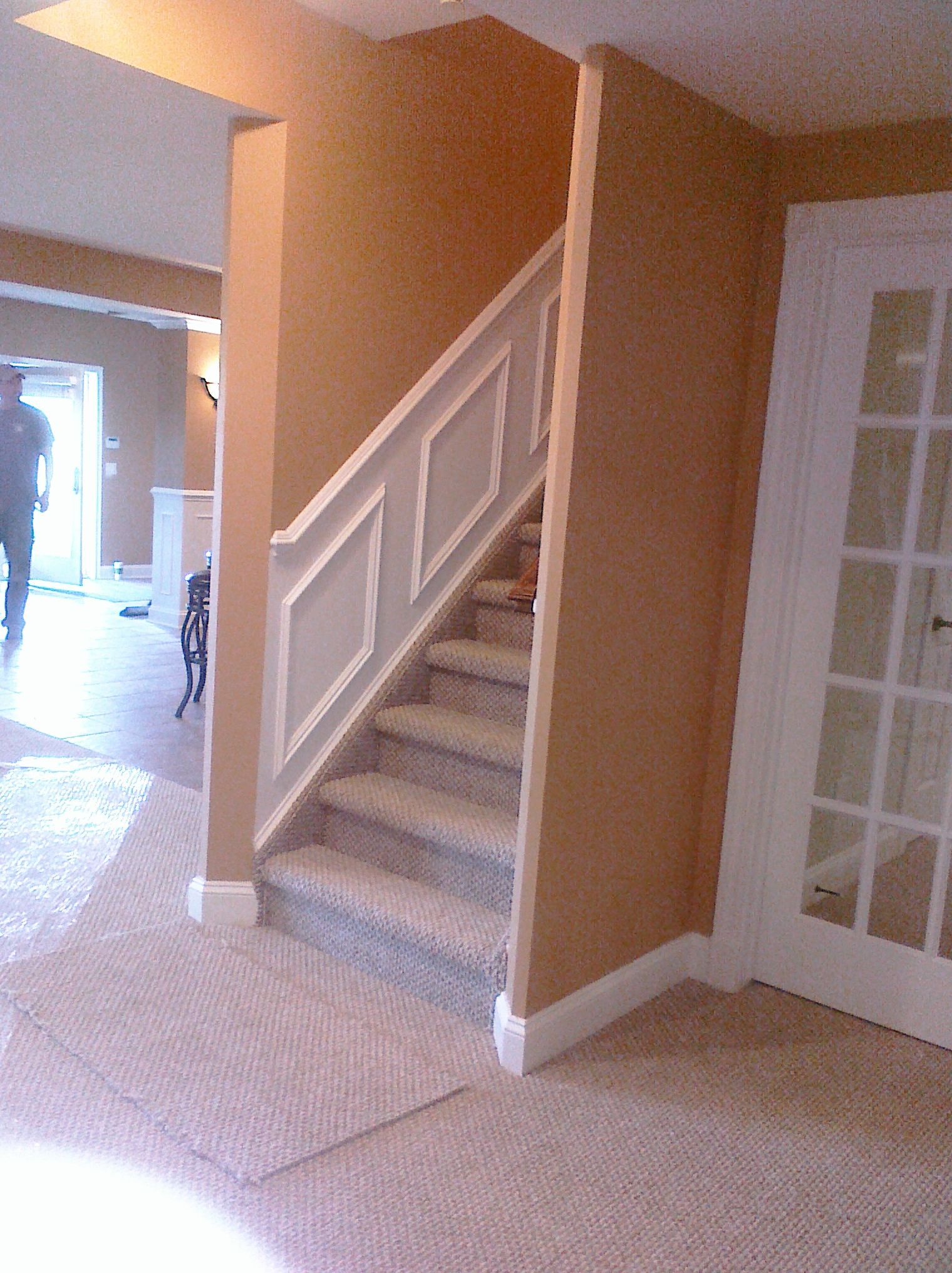 Staircase with beige carpet and tan walls, accented with white trim. A person stands in the background.