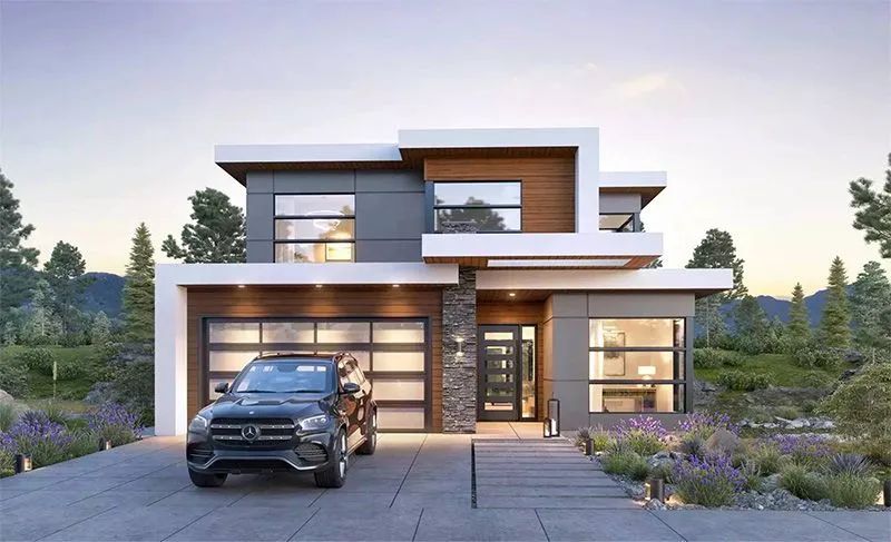 Modern two-story house with a black SUV parked in front of the garage; gray and wooden exterior with glass windows.