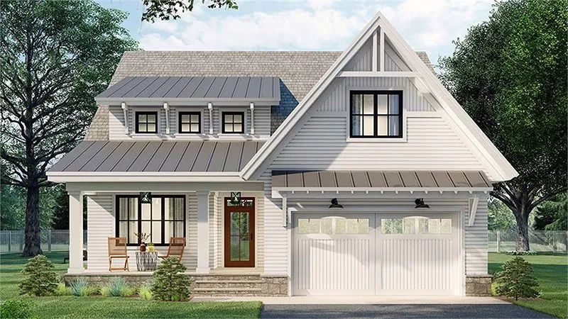 White farmhouse with gray roof, brown door, and small front porch.