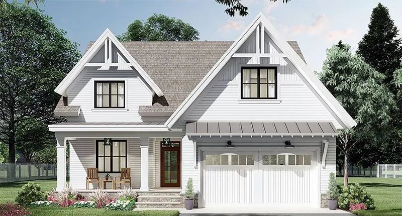 White farmhouse with gabled roof, front porch, garage, and landscaping.