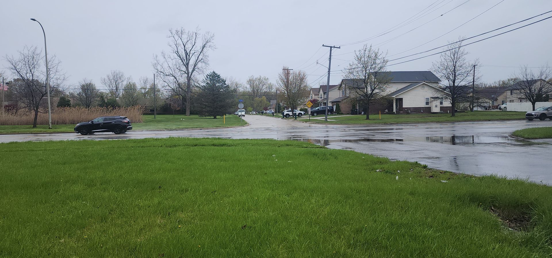 Flooded street with a car submerged in water near green grass and houses. Overcast sky.