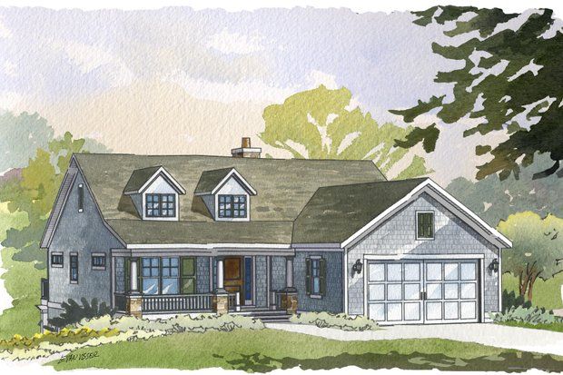 Watercolor rendering of a gray house with a porch, dormers, and attached garage, set amidst trees.