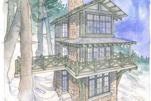 Watercolor rendering of a treehouse cabin with stone facade, wooden railings, and a bridge connecting to another level.
