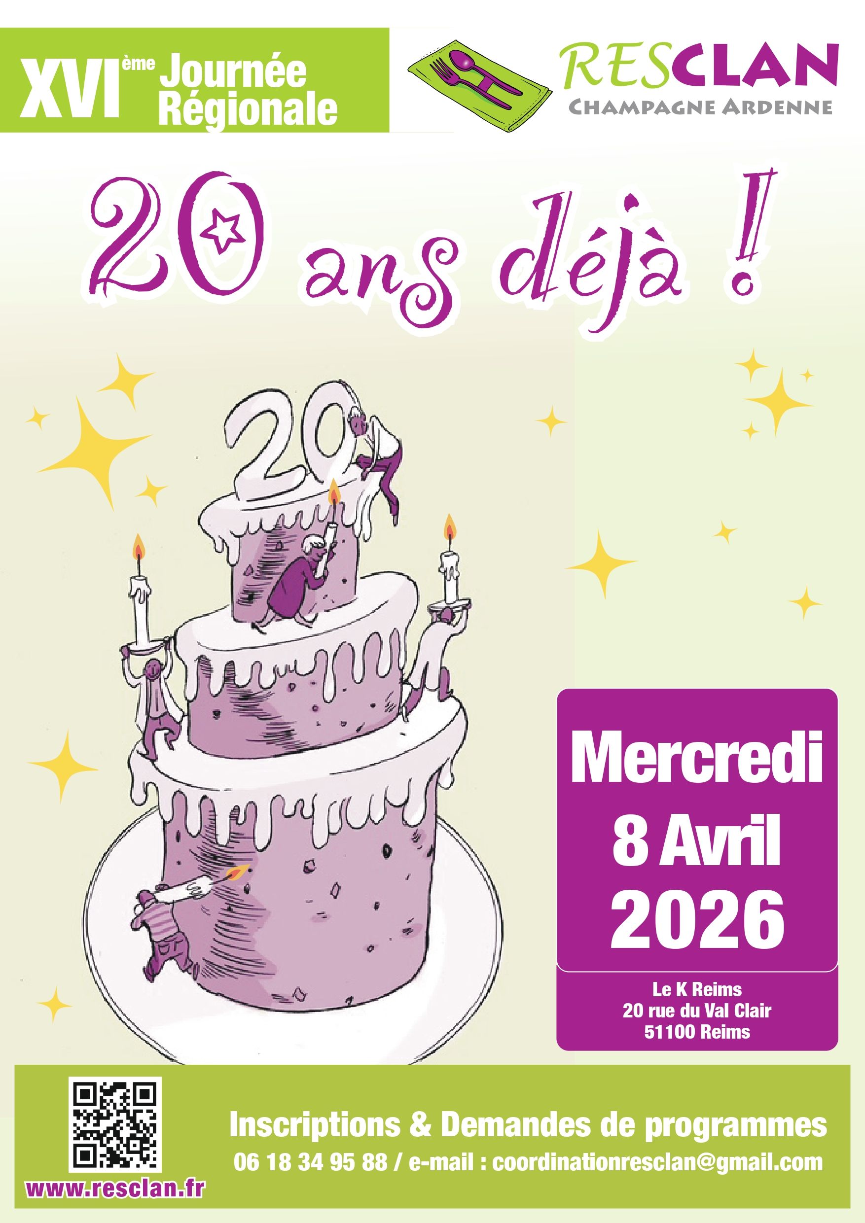 Affiche de l'événement pour la 16e Journée régionale RESCLAN, le mercredi 8 avril 2026 à Reims, célébrant son 20e anniversaire.
